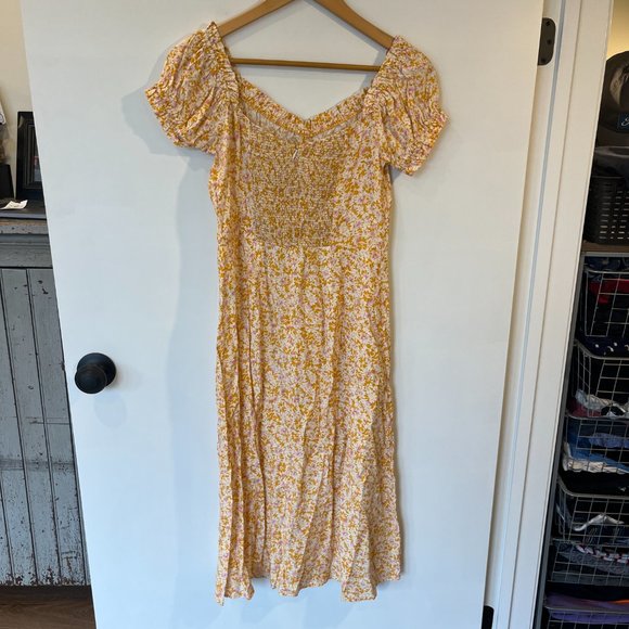 NWOT Daze Dayz Shirring Sleeves Midi Dress Yellow Floral Boho Size Medium - Picture 12 of 12